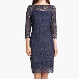 Marina Cocktail Blue Metallic Lace Sheer Lurex Dress, Size 10